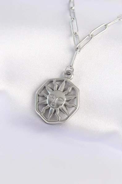 HEYF 316L Çelik Zincir Gümüş Renk Güneş Kolye ürün görseli 1