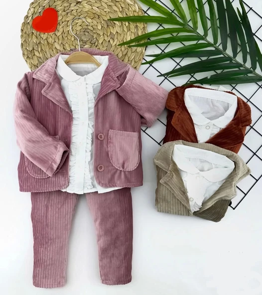 Eterelle 2-3-4-5 Yaş Düğme Kapamalı Fırfır Gömlekli Kadife Ceket Pantolon 3lü Kız Bebek Takımı Kahverengi