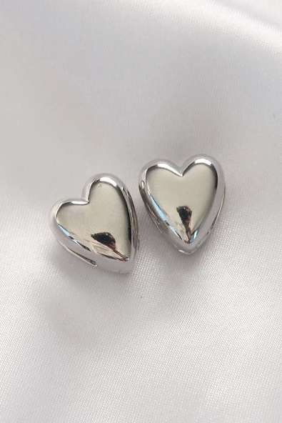 HEYF Pirinç Gümüş Renk Minimal Bombeli Kalp Küpe