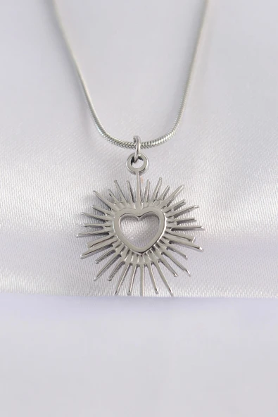 HEYF 316L Çelik Zincir Gümüş Renk Kalp Güneşi Tasarımlı Kolye ürün görseli 1