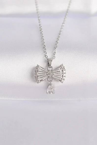 HEYF 316L Çelik Zincir Gümüş Renk Zirkon Taşlı Kalp Detay Fiyonk Kolye ürün görseli 1