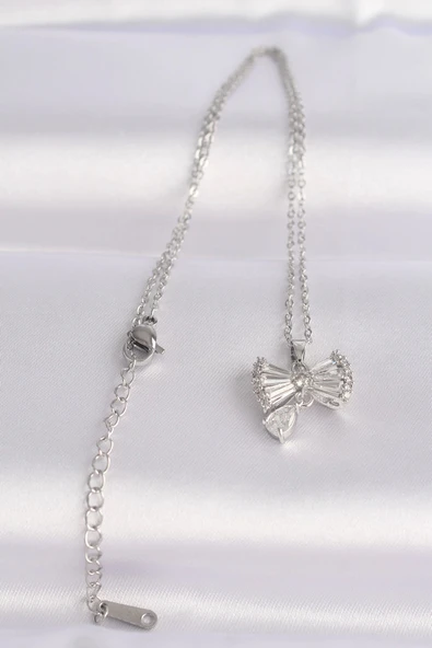 HEYF 316L Çelik Zincir Gümüş Renk Zirkon Taşlı Kalp Detay Fiyonk Kolye - Resim 2