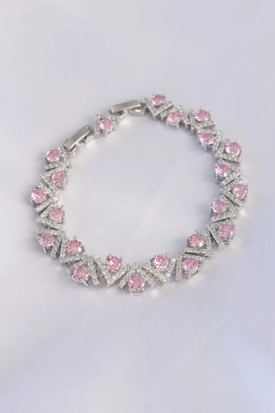 HEYF Vip Seri Pirinç Pembe Zirkon Taşlı Gümüş Renk V Model Bileklik ürün görseli