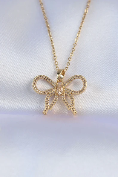 HEYF 316L Çelik Zincir Gold Renk Zirkon Taşlı Fiyonk Kolye ürün görseli 1