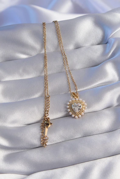 HEYF 316L Çelik Zincir Gold Renk İncili Zirkon Taşlı Kalp Tasarımlı Kolye - 2