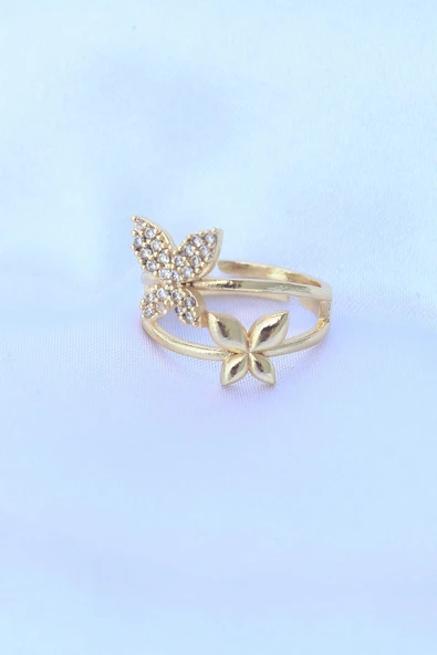 HEYF Pirinç Gold Renk Ayarlanabilir Zirkon Taşlı Kelebek Yüzük - Resim 2