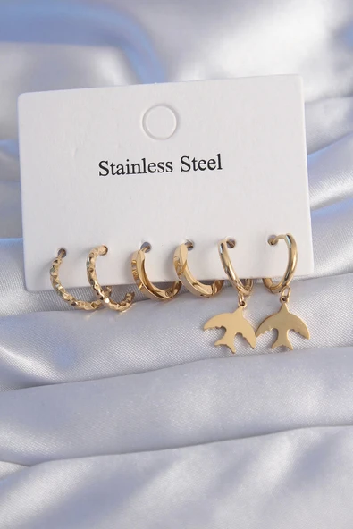 HEYF 316L Çelik Gold Renk Oval Tasarım Kuş Model Küpe Seti ürün görseli 1