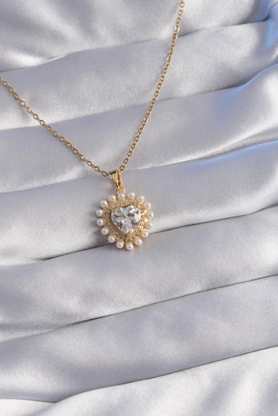 HEYF 316L Çelik Zincir Gold Renk İncili Zirkon Taşlı Kalp Tasarımlı Kolye