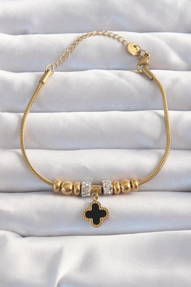 HEYF 316L Çelik Gold Renk Zirkon Taş Aksesuarlı Siyah Mineli Yonca Bileklik ürün görseli 1