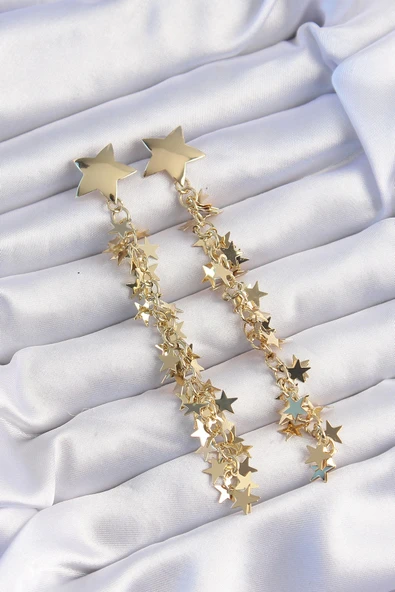 HEYF Pirinç Gold Renk Yıldız Model Uzun Sallantılı Küpe ürün görseli