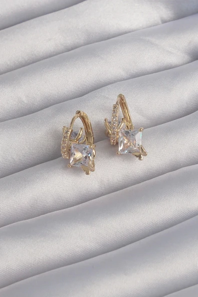 HEYF Pirinç Gold Renk İri Zirkon Taşlı Kıvrımlı Minimal Kelebekli Halka Küpe - Resim 2