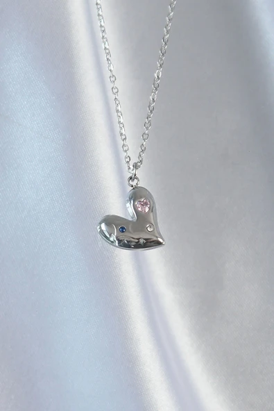 HEYF 316L Çelik Zincir Gümüş Renk Renkli Zirkon Taşlı Kalp Kolye - Resim 2