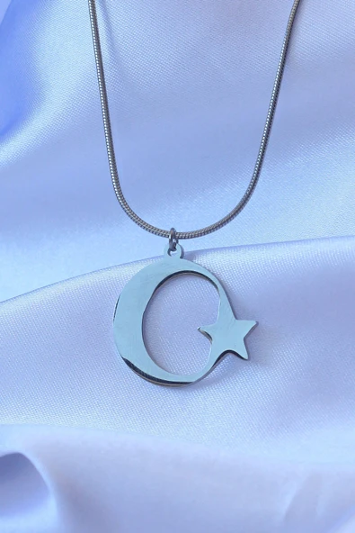 HEYF 316L Çelik Gümüş Renk Ay Yıldız Model Unisex Kolye - 2