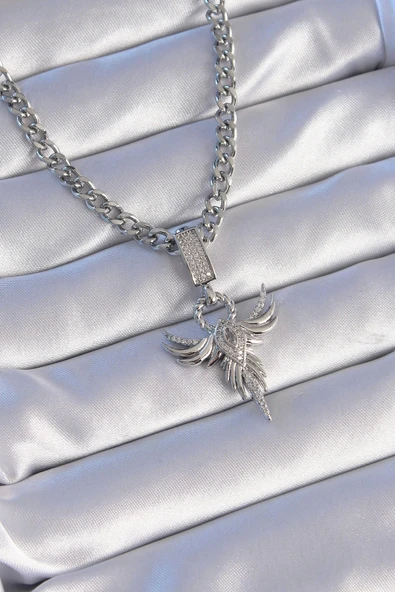 HEYF 316L Çelik Gümüş Renk Zirkon Taşlı Anka Kuşu Model Kolye ürün görseli 1