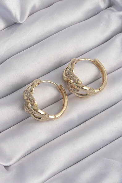 HEYF Pirinç Gold Renk Zirkon Taşlı Samanyolu Küpe - Resim 3