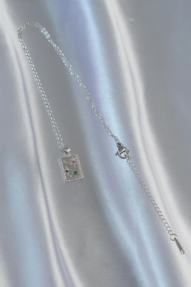 HEYF 316L Çelik Zincir Gümüş Renk Renkli Zirkon Taşlı Vintage Kolye - Resim 3