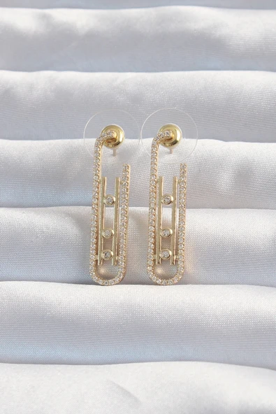 HEYF Pirinç Gold Renk Zirkon Taşlı Messika Küpe ürün görseli 1