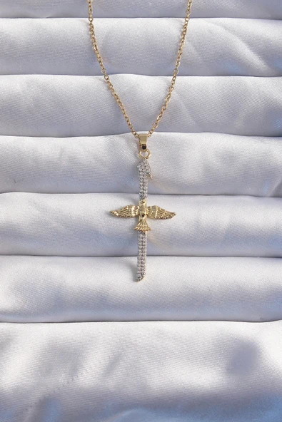 HEYF 316L Çelik Zincir Gold Renkli Zirkon Taşlı Anka Kuşu Kolye ürün görseli 1