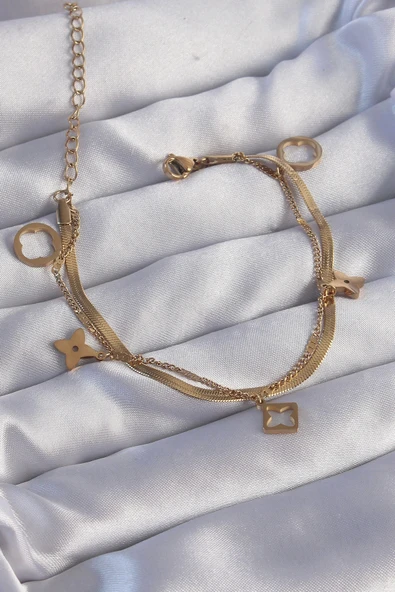 HEYF 316L Çelik Gold Renk Çift Zincir Yonca Tasarım Bileklik ürün görseli 1