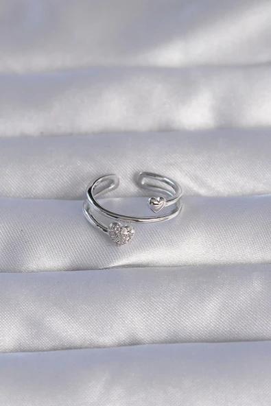 HEYF Pirinç Gümüş Renk Zirkon Taşlı Kalpli Model Ayarlanabilir Yüzük - Resim 2