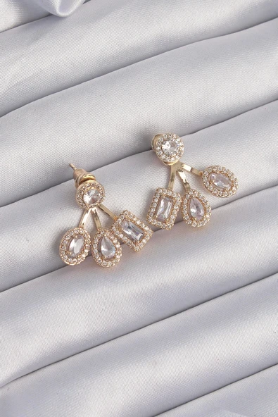 HEYF Pirinç Gold Renk Zirkon Taşlı Geometrik Model Küpe ürün görseli 1