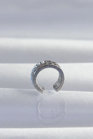 HEYF Pirinç Gümüş Renk İncili Baget Taşlı Earcuff Küpe - Resim 2