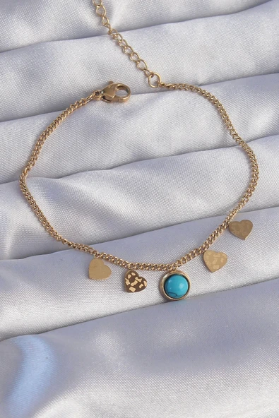 HEYF 316L Çelik Gold Renk Minimal Kalpli Mavi Taş Detaylı Bileklik ürün görseli 1