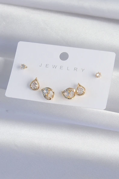 HEYF Pirinç Gold Renk Zirkon Taşlı Damla Model Küpe Seti - Resim 2