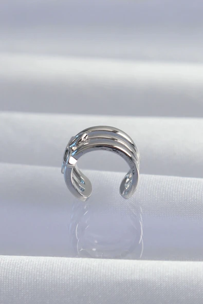 HEYF Pirinç Gümüş Renk Yonca Earcuff Küpe - Resim 2