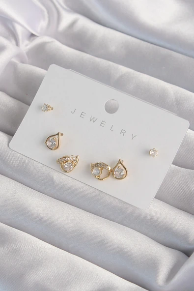 HEYF Pirinç Gold Renk Zirkon Taşlı Damla Model Küpe Seti ürün görseli 1