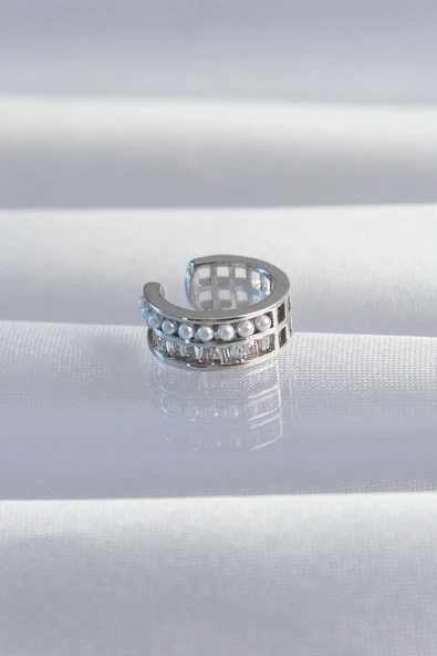 HEYF Pirinç Gümüş Renk İncili Baget Taşlı Earcuff Küpe ürün görseli 1