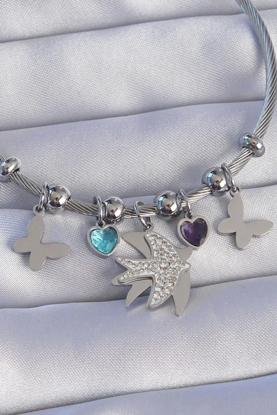 HEYF 316L Çelik Gümüş Renk Zirkon Taşlı Kuş Tasarımlı Kelebek Detay Charm Bileklik - Resim 2