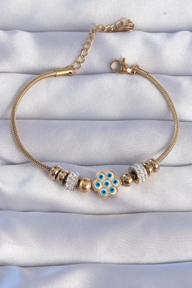 HEYF 316L Çelik Gold Renk Zirkon Taşlı Nazarlı Çiçek Tasarımlı Bileklik ürün görseli 1