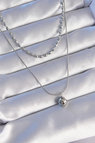 HEYF 316L Çelik Çift Zincirli Gümüş Renk Topçuk Model Kolye ürün görseli 1