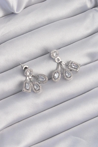 HEYF Pirinç Gümüş Renk Zirkon Taşlı Geometrik Model Küpe ürün görseli 1