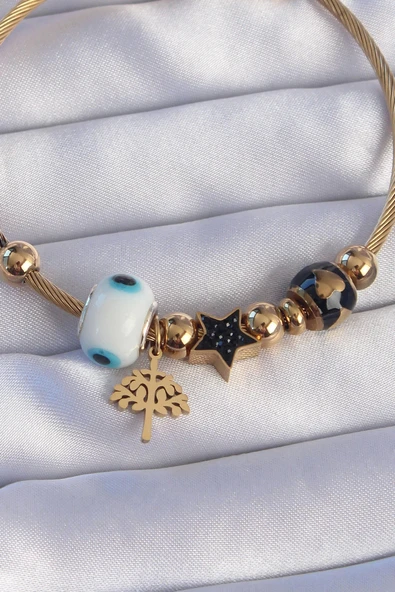 HEYF 316L Çelik Gold Renk Siyah Zirkon Taşlı Yıldız Tasarımlı Ağaç Detay Nazarlı Charm Bileklik - Resim 2