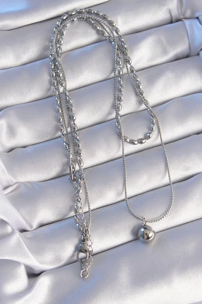 HEYF 316L Çelik Çift Zincirli Gümüş Renk Topçuk Model Kolye - Resim 3