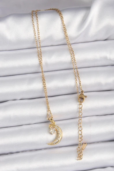 HEYF 316L Çelik Zincir Altın Renk Zirkon Taşlı Sallantılı Ay Yıldız Kolye - Resim 2