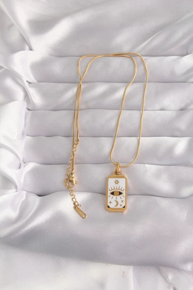 HEYF 316L Çelik Gold Renk Beyaz Mineli Göz Figür Tarot Kolye - 2