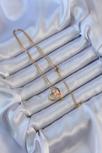 HEYF 316L Çelik Zincir Altın Renk Mineli Kelebek Figür Zirkon Taşlı Kalp Kolye - Resim 2