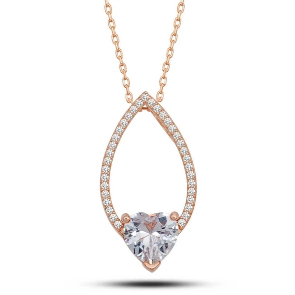 Gümüş Rose Kalp Beyaz Taşlı Damla Kadın Kolye ürün görseli