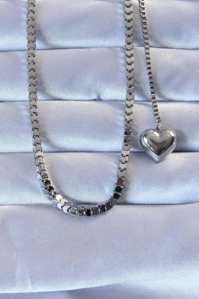 HEYF 316L Çelik Gümüş Renk Küp Zincirli Kalpli Kolye ürün görseli 1