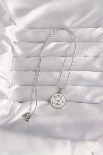 HEYF 316L Çelik Gümüş Renk Beyaz Mineli Karışık Figürlü Tarot Kolye - Resim 2