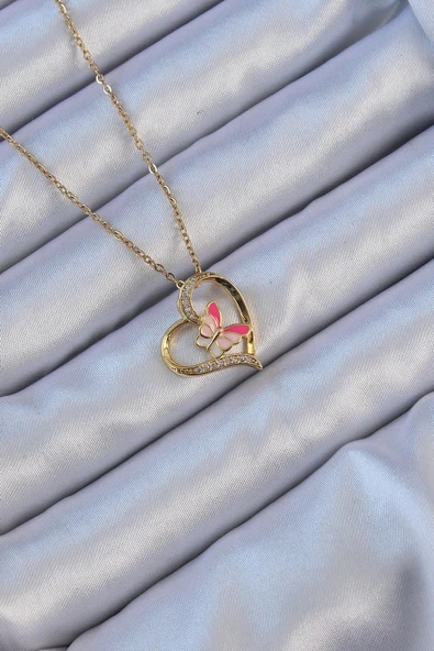 HEYF 316L Çelik Zincir Altın Renk Mineli Kelebek Figür Zirkon Taşlı Kalp Kolye ürün görseli 1