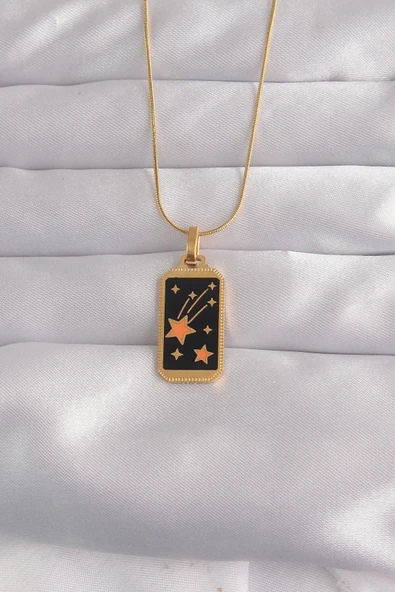 HEYF 316L Çelik Gold Renk Siyah Mineli Yıldız Figür Tarot Kolye