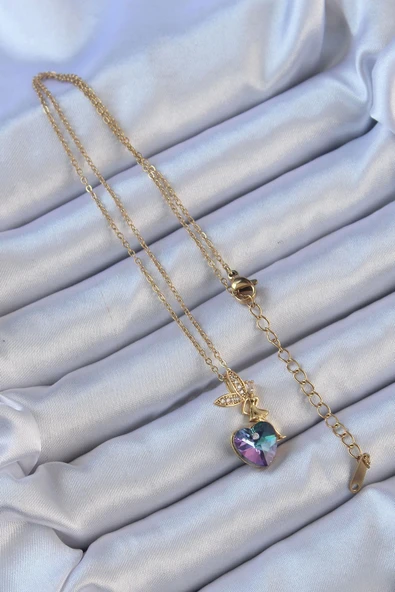 HEYF 316L Çelik Zincir Altın Renk Mor Mavi Renk Zirkon Taşlı Kalp Detay Peri Kolye - Resim 2