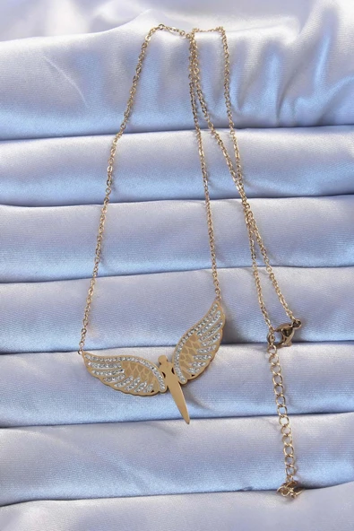 HEYF 316L Çelik Altın Renk Zirkon Taşlı Mikail Kolye - Resim 2