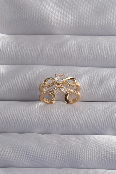 HEYF Pirinç Ayarlamalı Gold Renk Zirkon Taşlı 2li Görünüm Fiyonk Yüzük ürün görseli 1