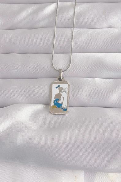 HEYF 316L Çelik Gümüş Renk Beyaz Mineli Kız Figür Tarot Kolye