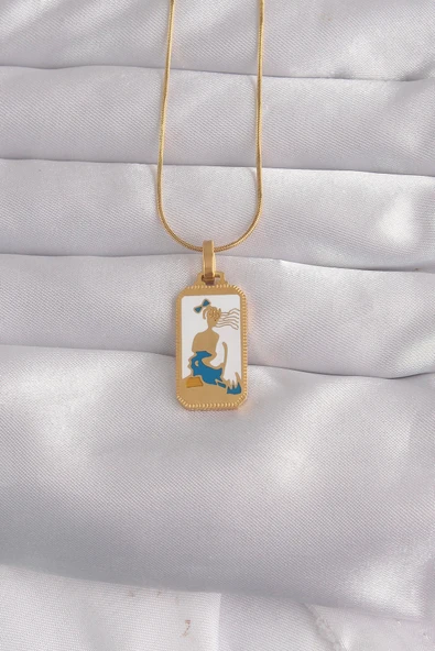 HEYF 316L Çelik Gold Renk Beyaz Mineli Kız Figür Tarot Kolye